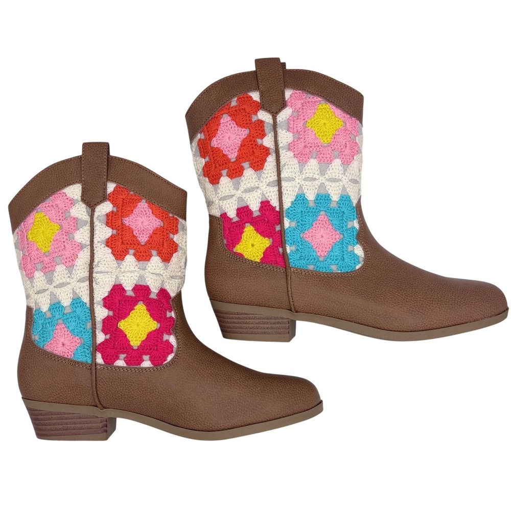 Girls Brown Crochet Flower Cowboy Western‎ Boots Size 5 Medium New In Box